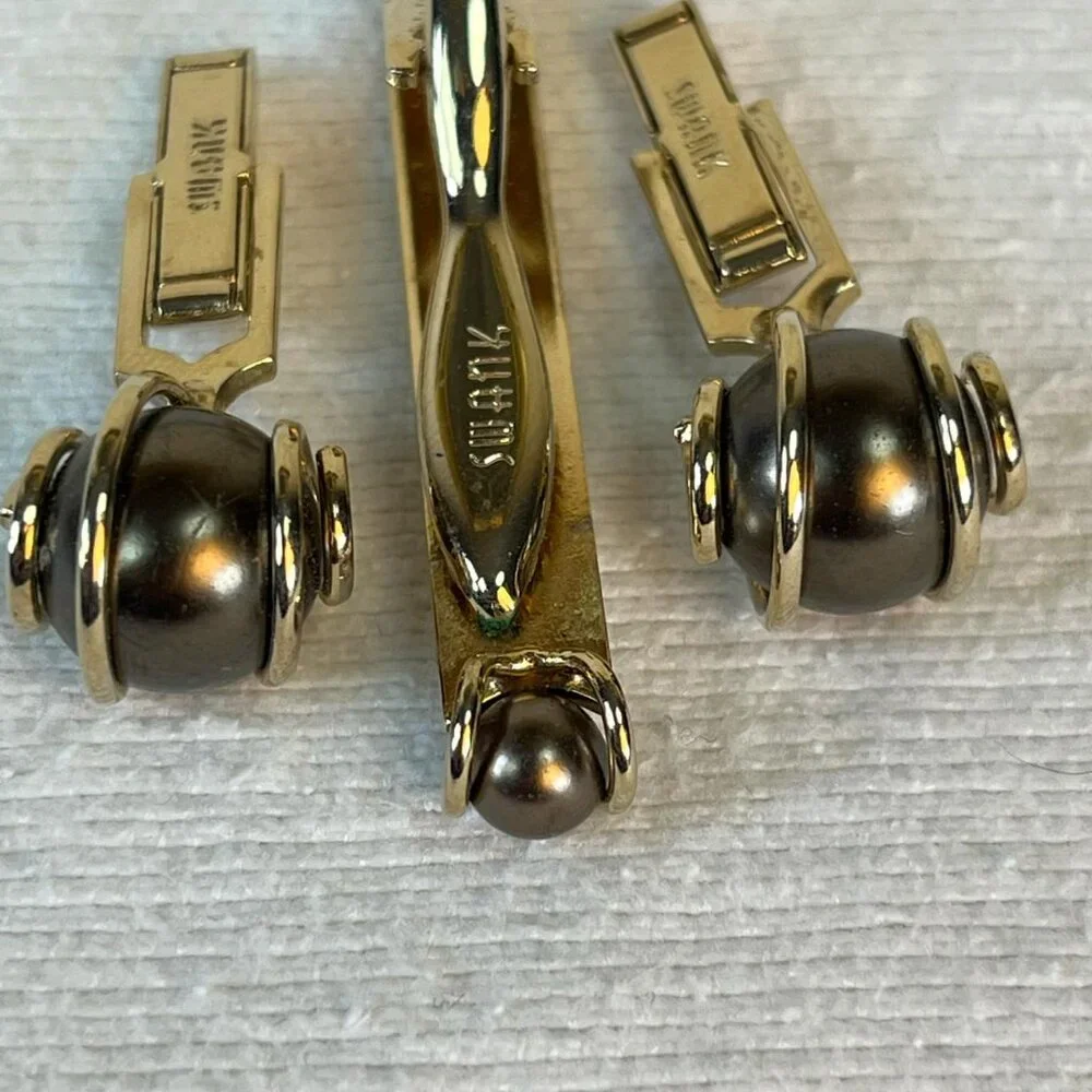 Vintage SWANK Gold Tone w/ Gray‎ Pearl/Bead Cuff Link Tie Tac Set Formal Wedding